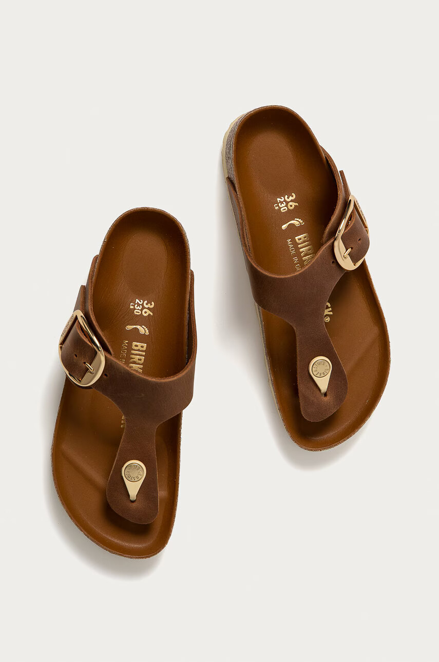 Birkenstock Кожени джапанки дамски в кафяво с равна подметка - Pepit.bg