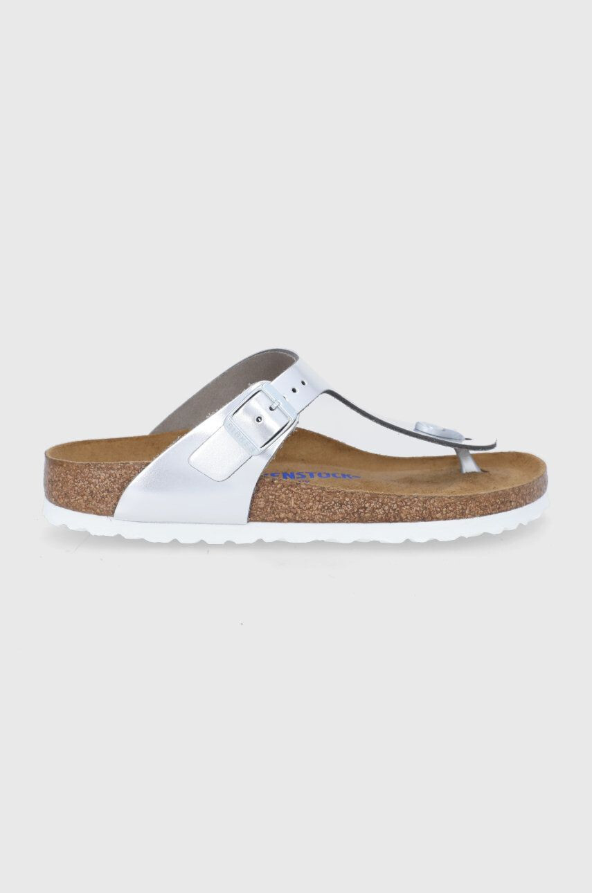 Birkenstock Кожени джапанки Gizeh дамски в сребристо с равна подметка - Pepit.bg