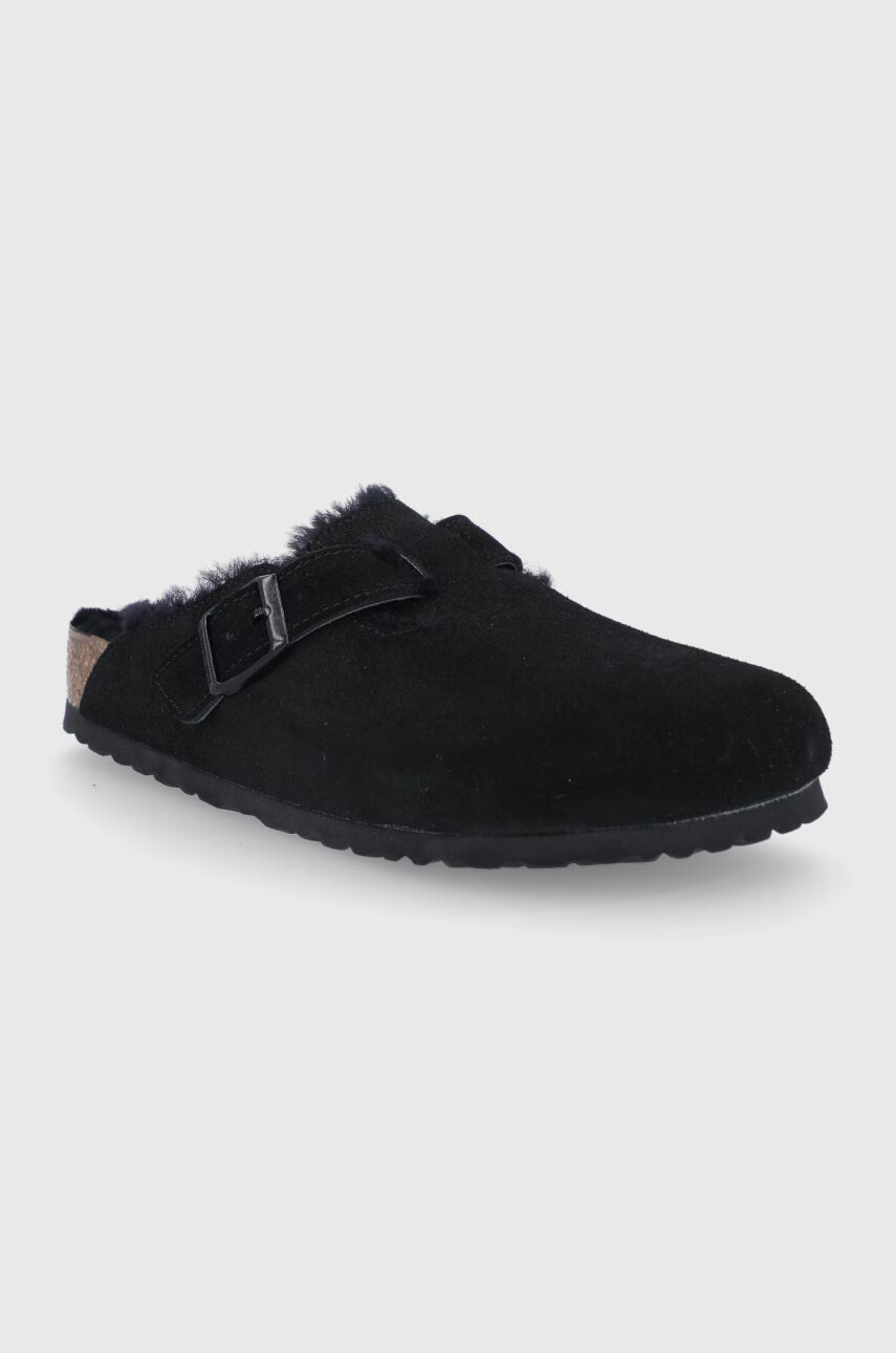 Birkenstock Велурени чехли Boston VL/Fell в черно - Pepit.bg