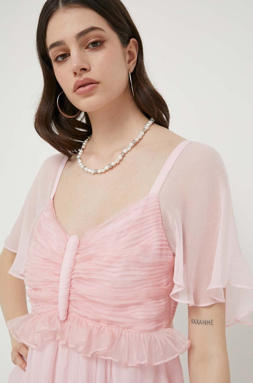 Blugirl Blumarine Рокля с коприна в розово къс модел разкроен модел - Pepit.bg