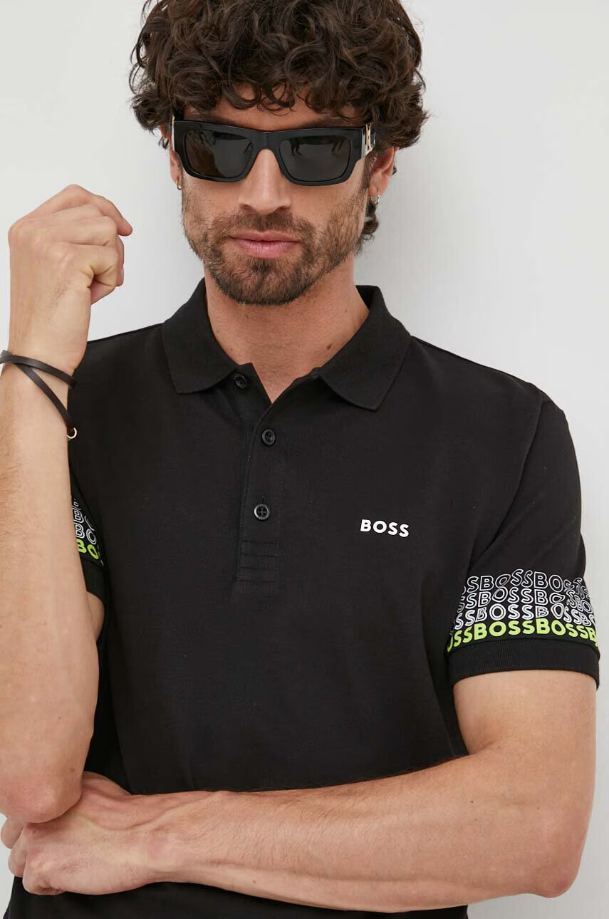 Boss Green Памучна тениска с яка BOSS в черно с принт - Pepit.bg