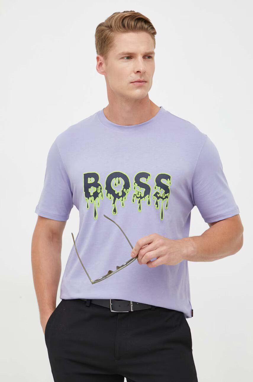 Boss Orange Памучна тениска BOSS в лилаво с принт - Pepit.bg