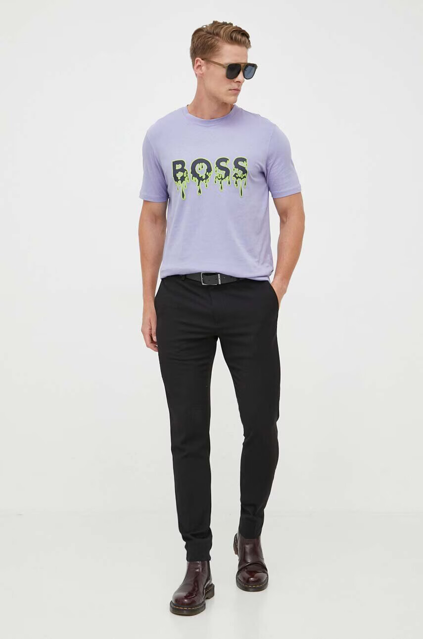 Boss Orange Памучна тениска BOSS в лилаво с принт - Pepit.bg