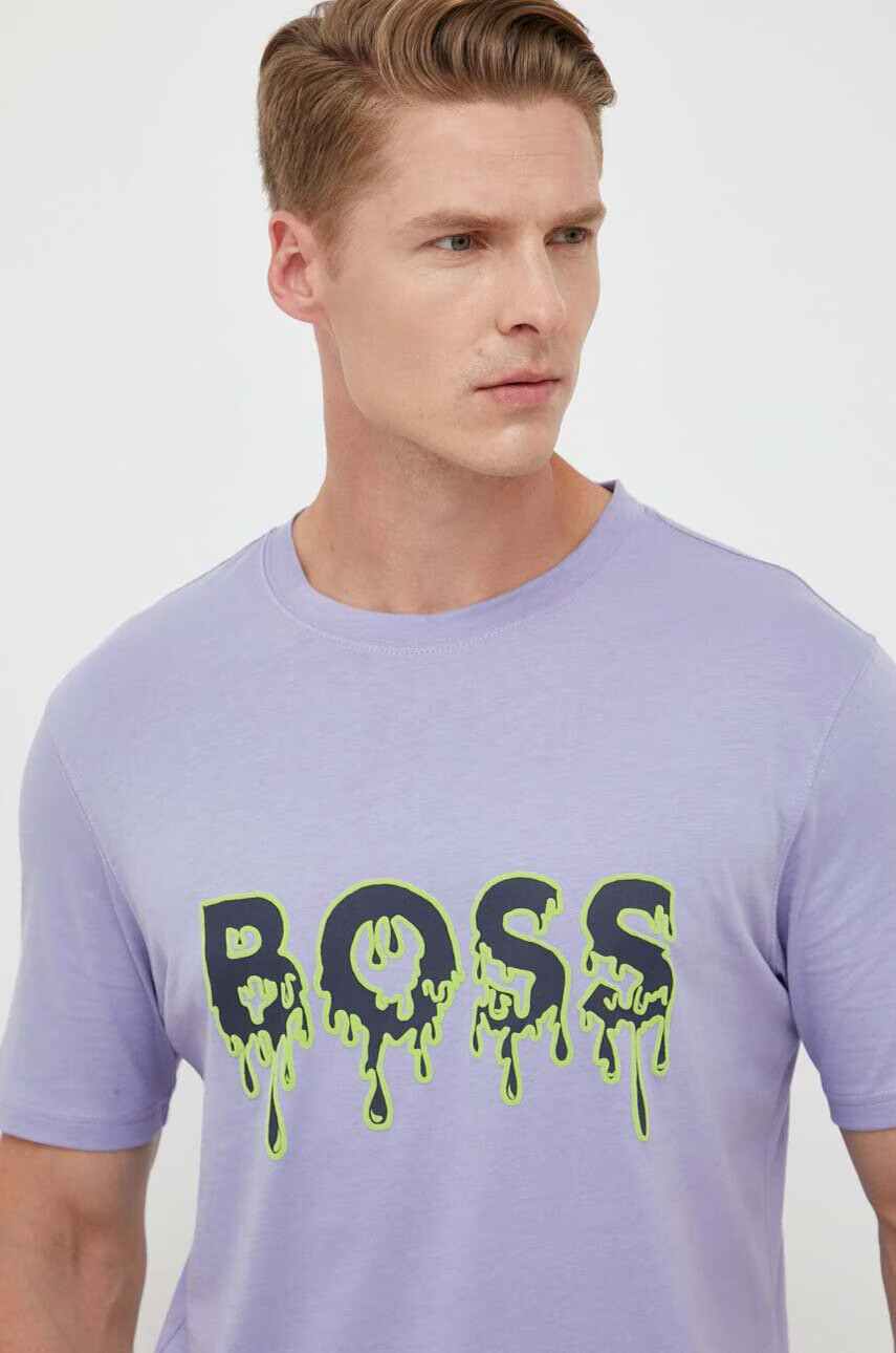Boss Orange Памучна тениска BOSS в лилаво с принт - Pepit.bg