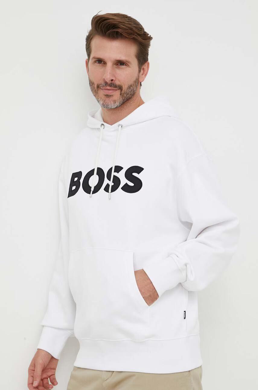 Boss Памучен суичър в бяло с качулка с апликация - Pepit.bg