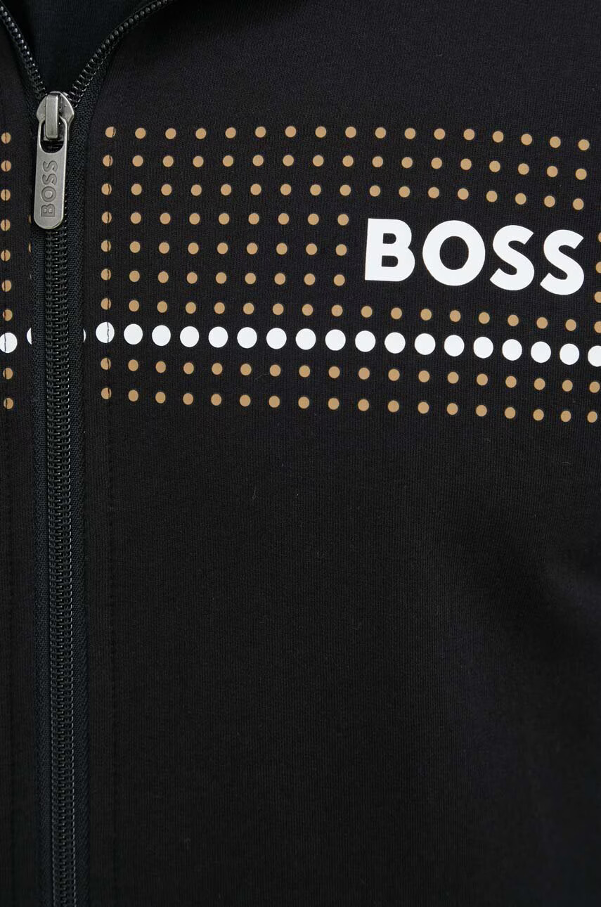 Boss Памучен суичър в черно с качулка с принт - Pepit.bg