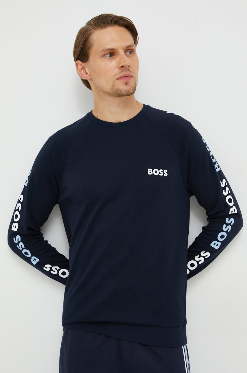 Boss Памучен суичър в тъмносиньо с принт - Pepit.bg