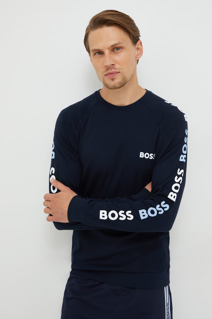 Boss Памучен суичър в тъмносиньо с принт - Pepit.bg