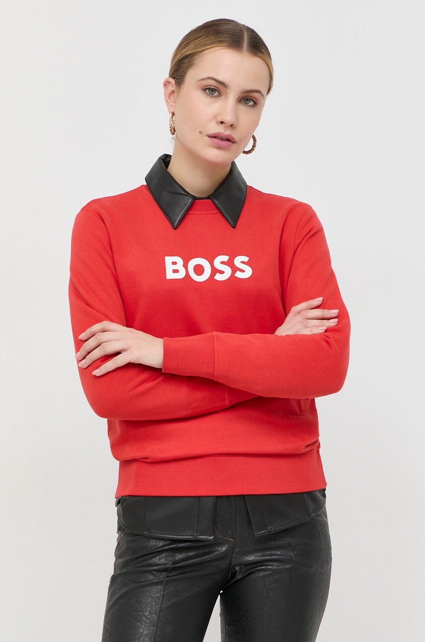 Boss Памучен суичър в червено с принт - Pepit.bg