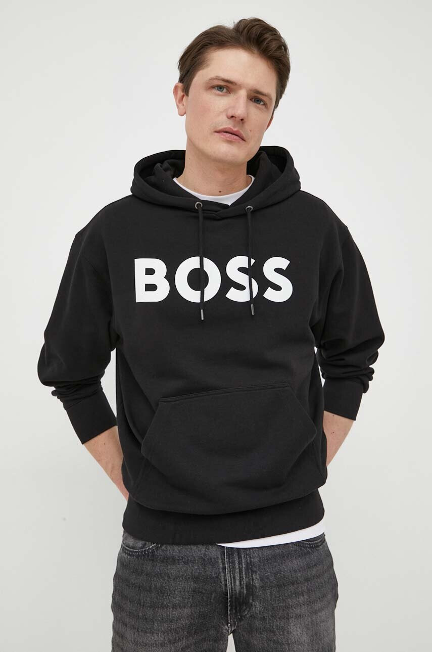 Boss Orange Памучен суичър в черно с качулка с принт - Pepit.bg