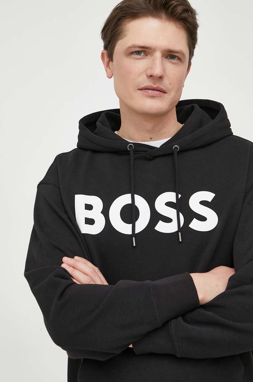 Boss Orange Памучен суичър в черно с качулка с принт - Pepit.bg