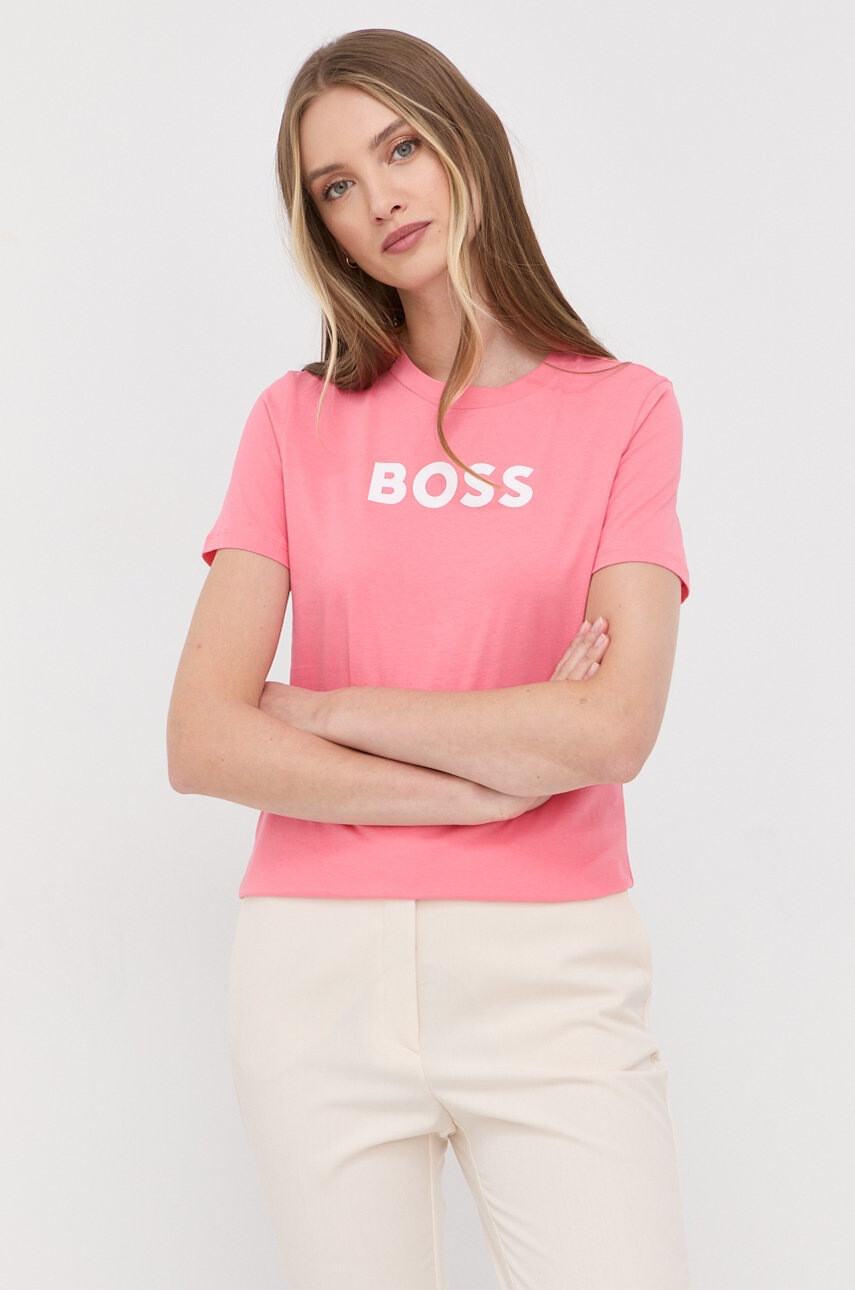 Boss Памучна тениска в розово - Pepit.bg