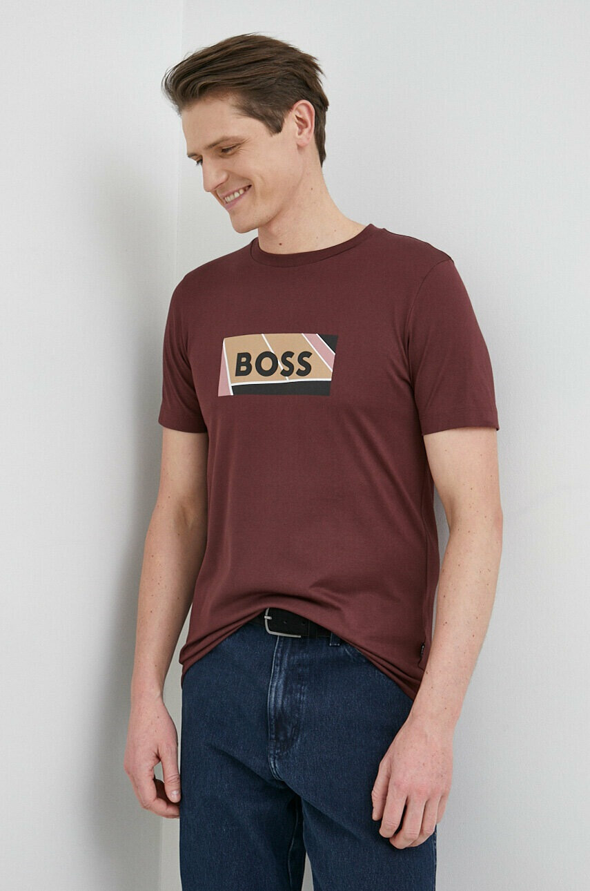Boss Памучна тениска в бордо с принт - Pepit.bg