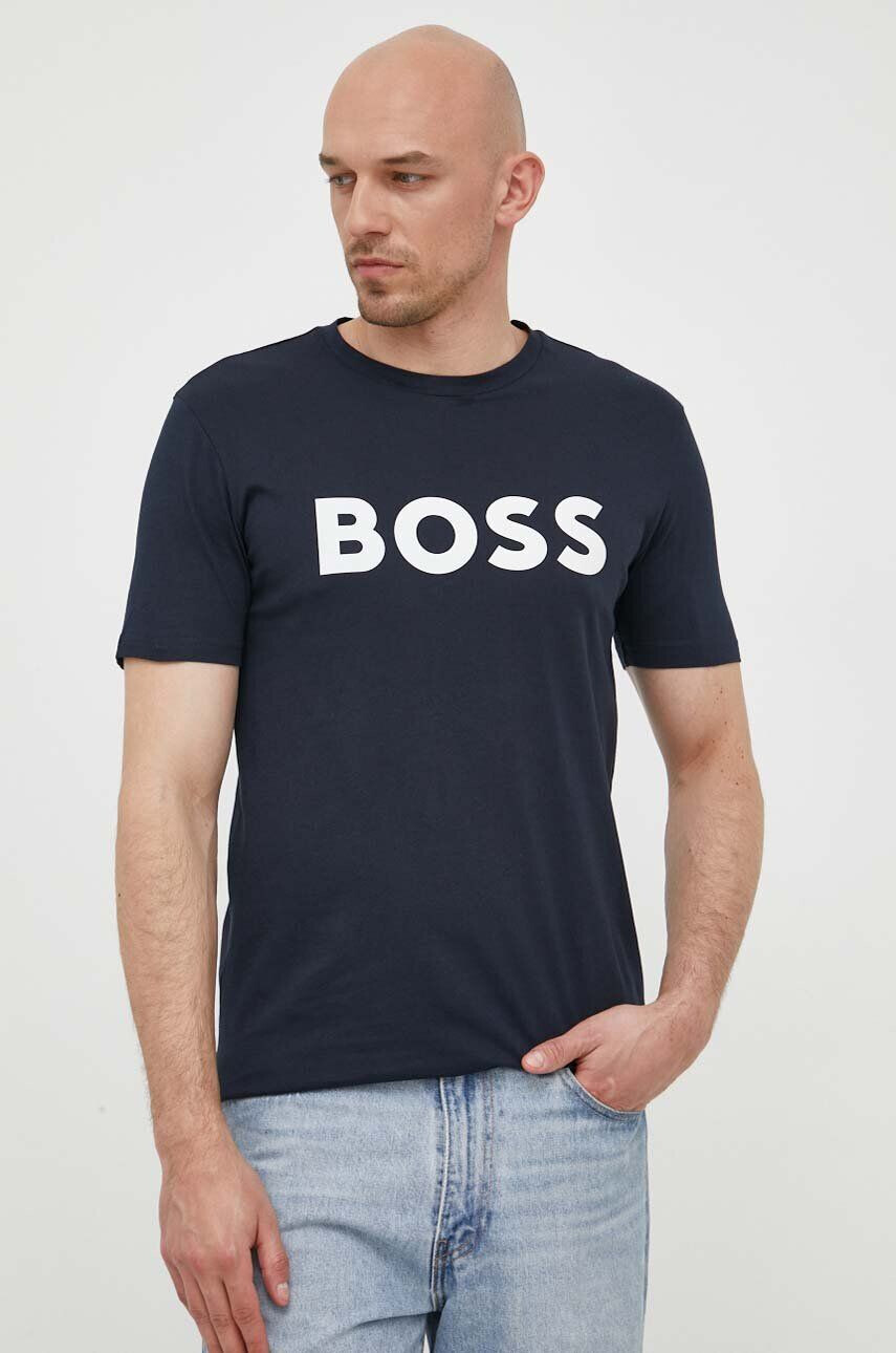 Boss Orange Памучна тениска BOSS BOSS CASUAL в синьо с принт - Pepit.bg