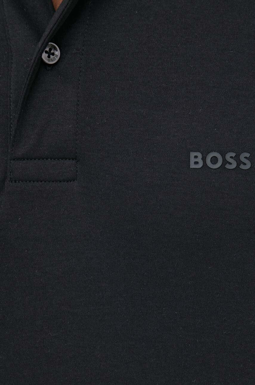 Boss Памучна тениска с яка в черно с апликация - Pepit.bg