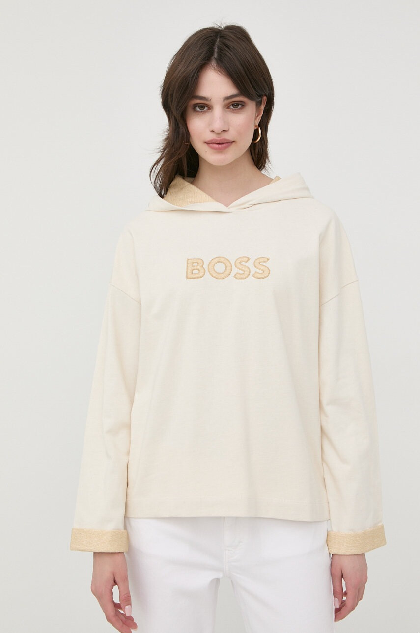 Boss Суичър дамска в бежово с апликация - Pepit.bg