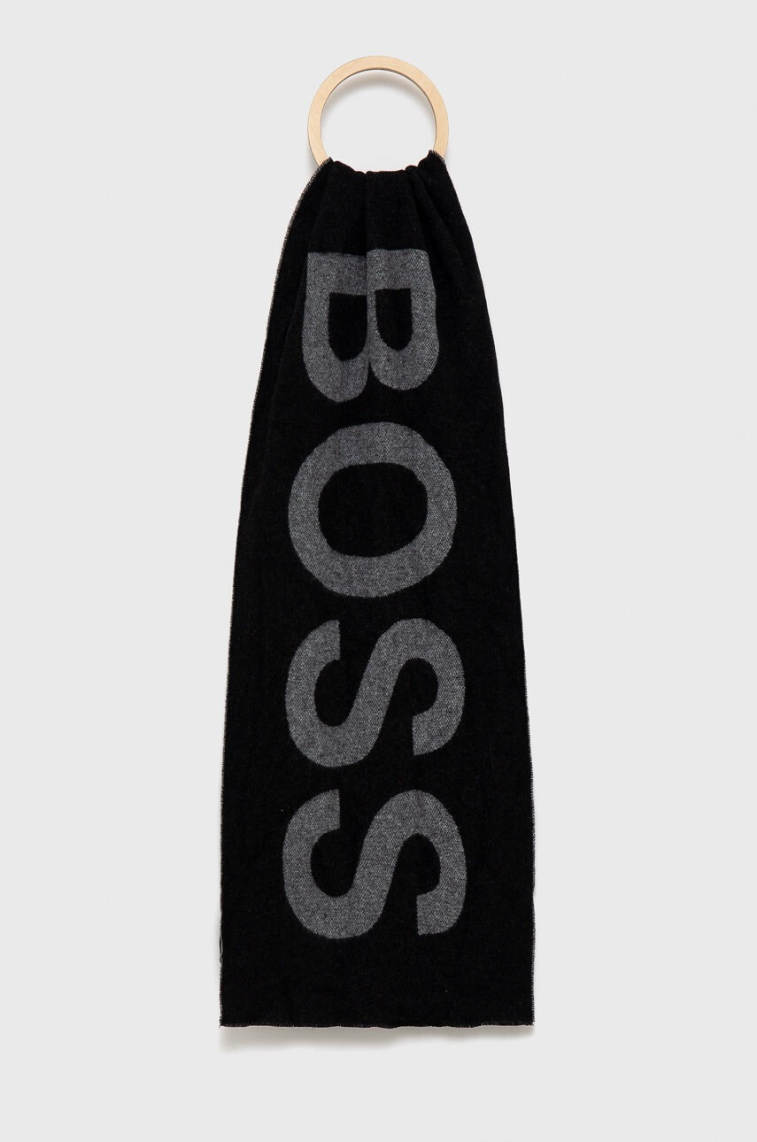 Boss Вълнен шал в черно с десен - Pepit.bg