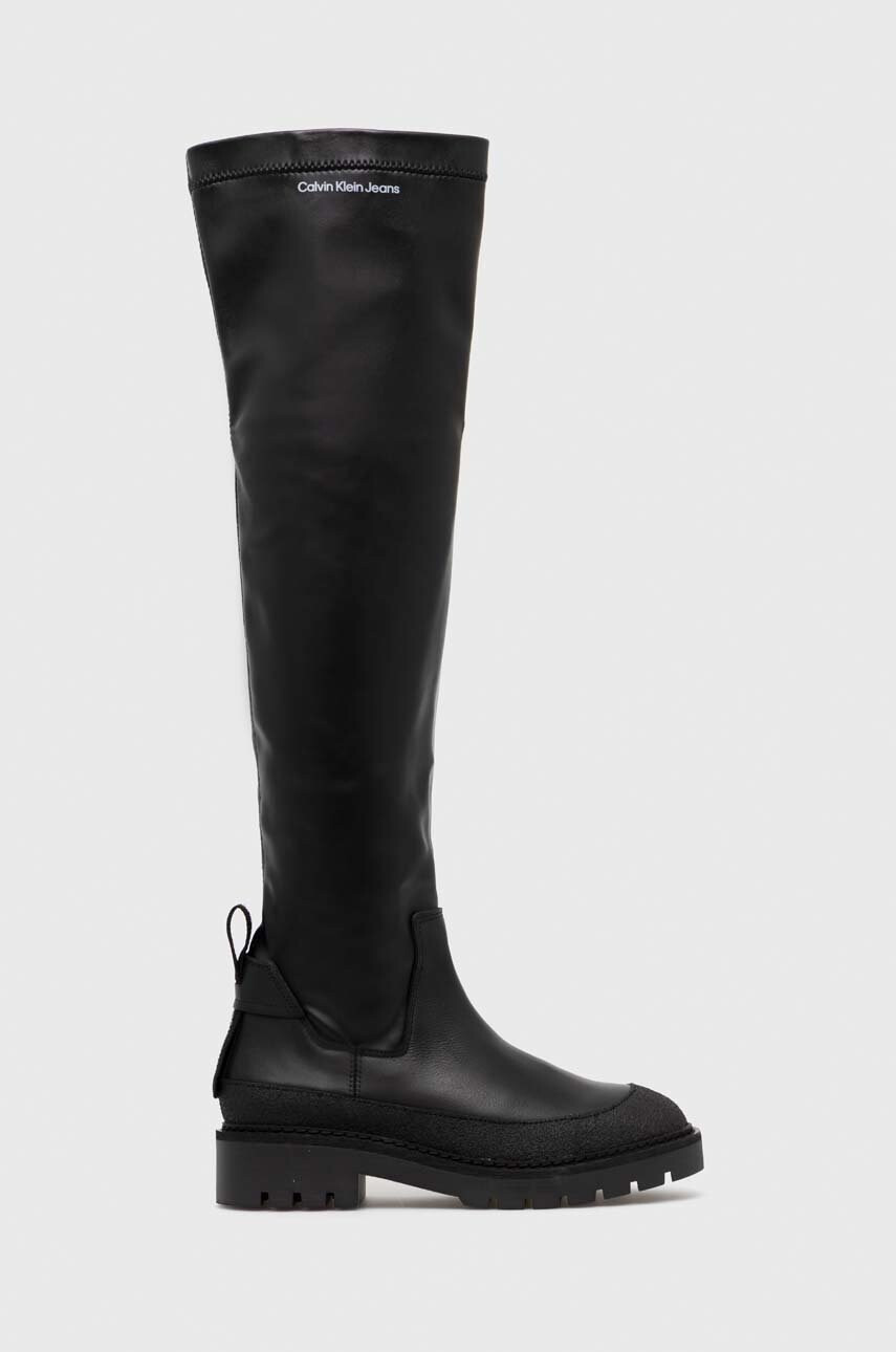 Calvin Klein Jeans Ботуши Combat Knee Boot в черно с равна подметка - Pepit.bg