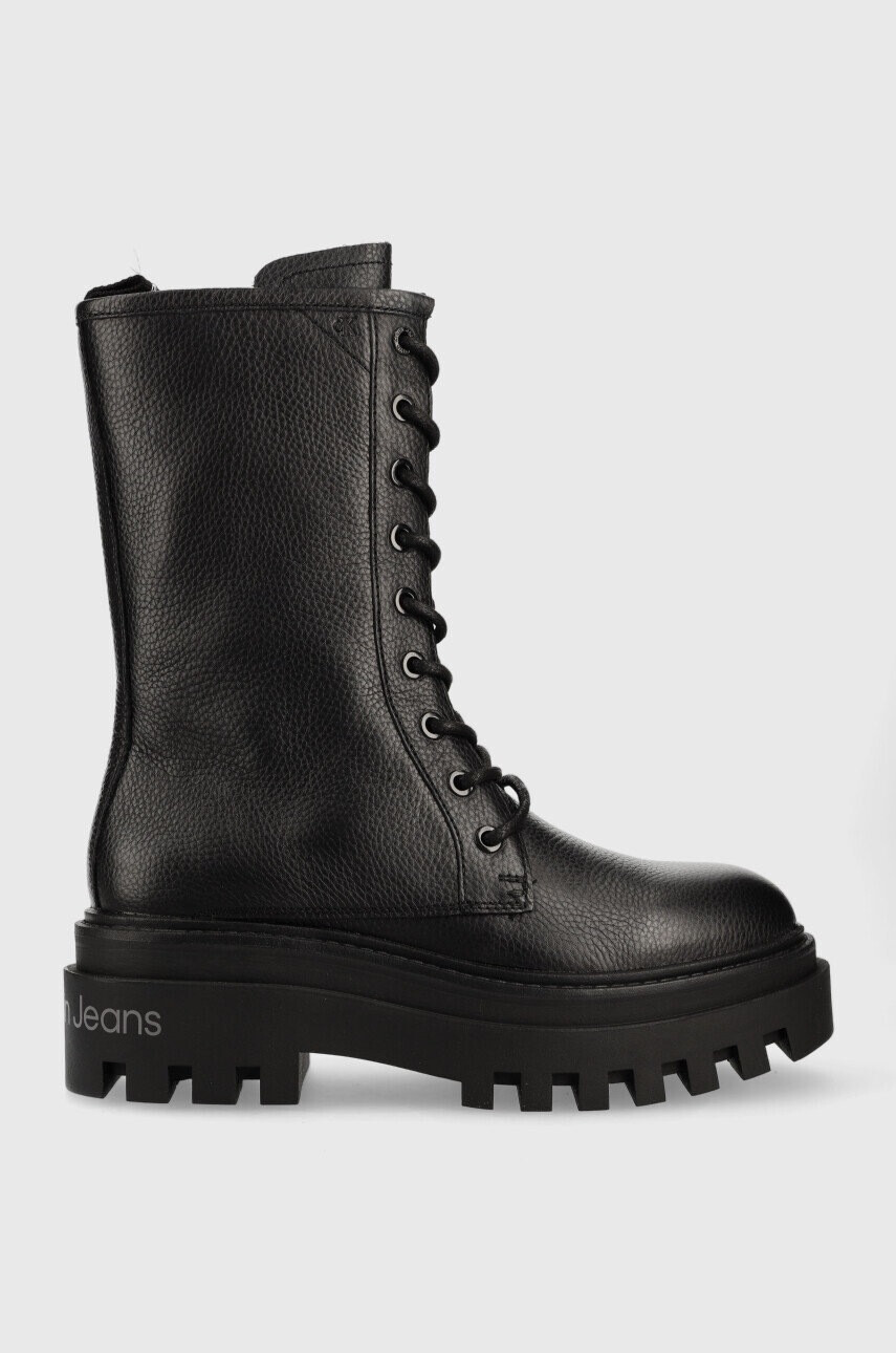 Calvin Klein Jeans Кожени боти Flatform Mid Laceup Boot в черно с платформа - Pepit.bg