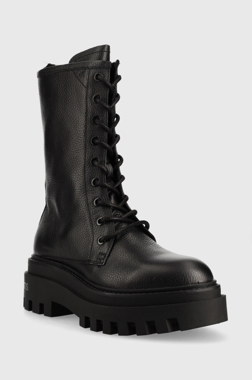 Calvin Klein Jeans Кожени боти Flatform Mid Laceup Boot в черно с платформа - Pepit.bg