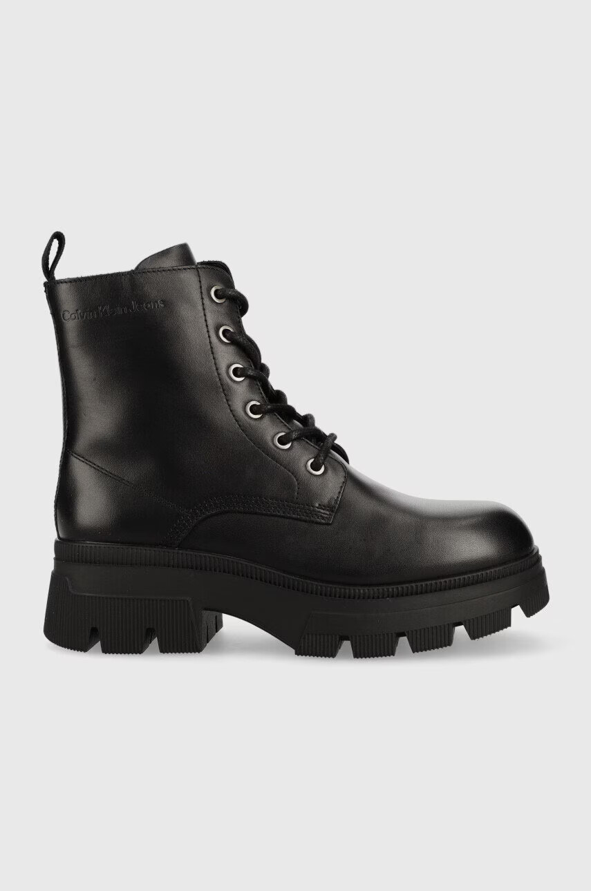 Calvin Klein Jeans Кожени кубинки Chunky Combat Laceup Boot в черно с равна подметка - Pepit.bg