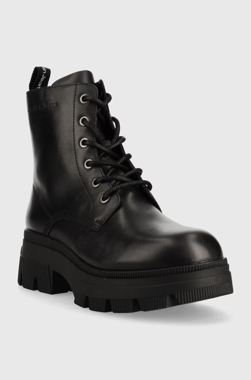 Calvin Klein Jeans Кожени кубинки Chunky Combat Laceup Boot в черно с равна подметка - Pepit.bg