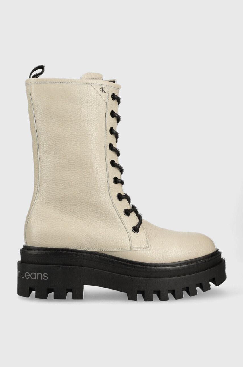 Calvin Klein Jeans Кожени кубинки Flatform Mid Laceup Boot в сиво с платформа - Pepit.bg