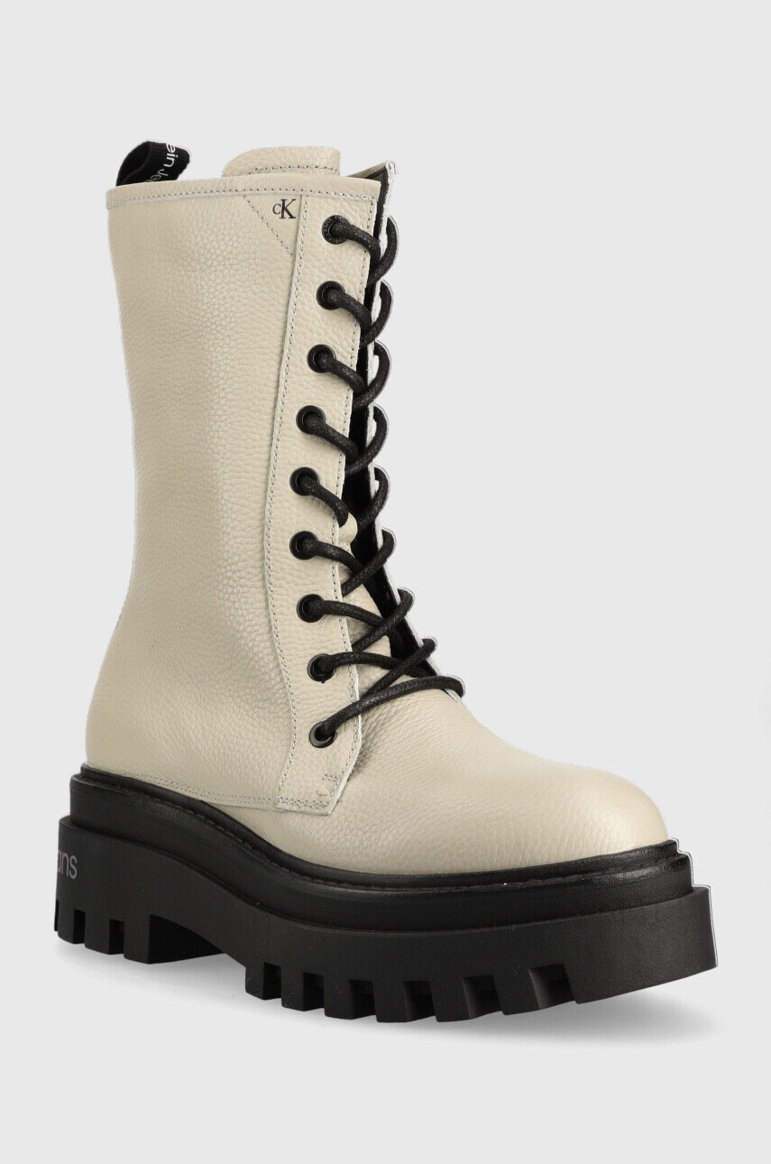 Calvin Klein Jeans Кожени кубинки Flatform Mid Laceup Boot в сиво с платформа - Pepit.bg
