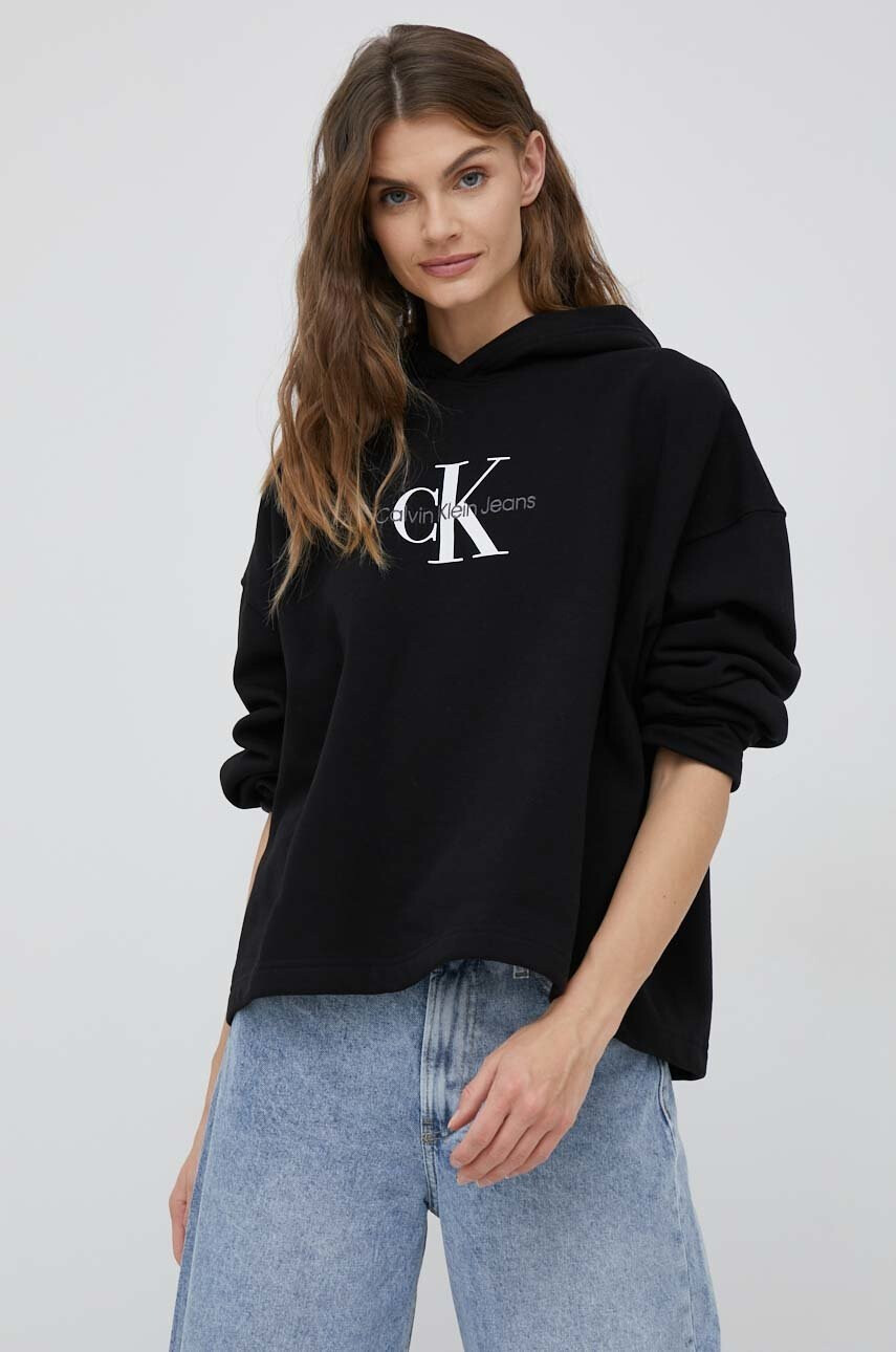 Calvin Klein Jeans Суичър в черно с качулка с принт - Pepit.bg