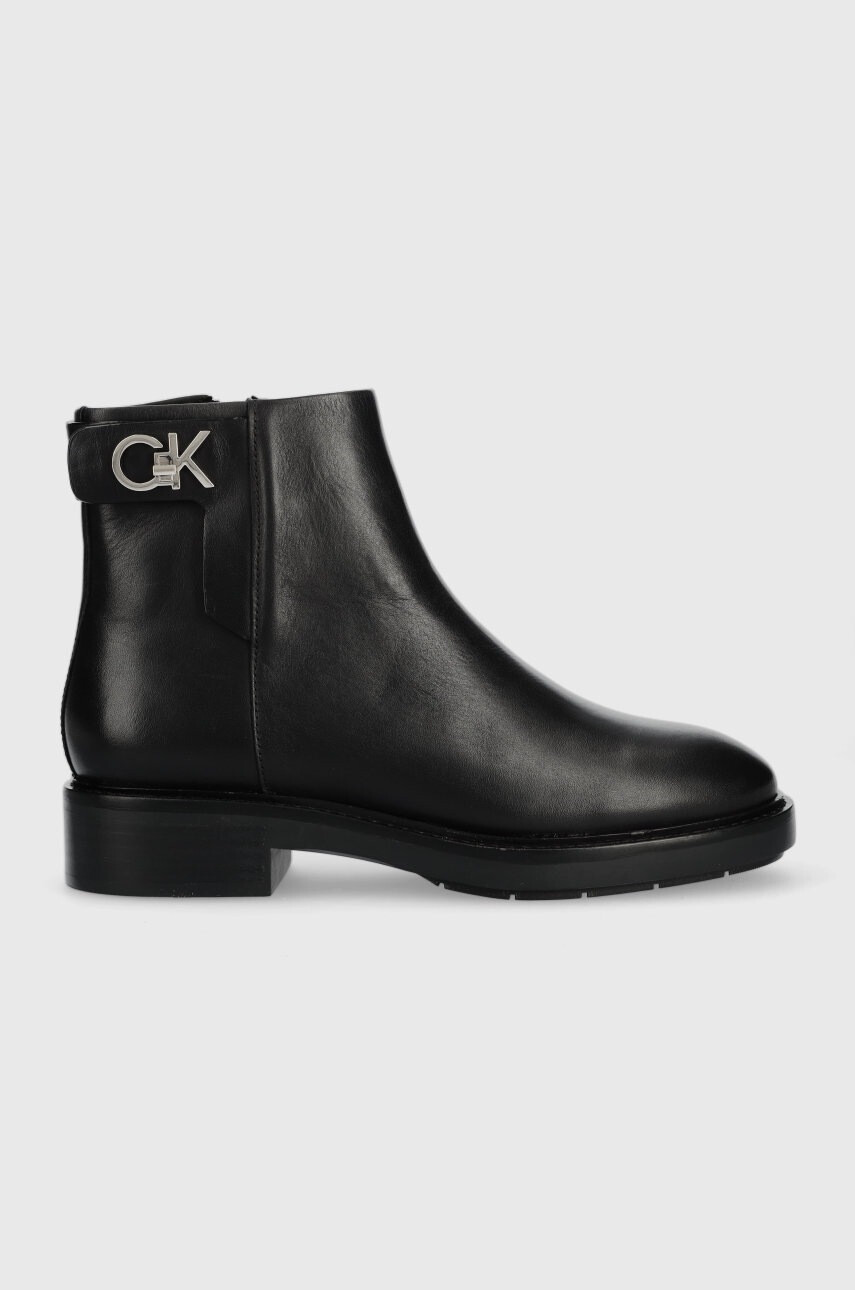 Calvin Klein Кожени боти Rubber Sole Ankle Boot в черно с равна подметка - Pepit.bg
