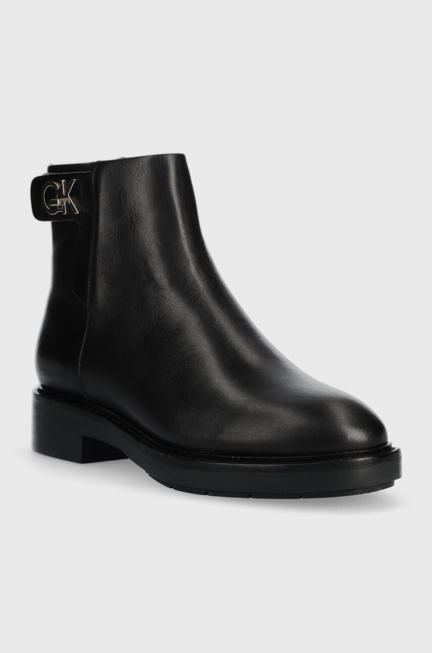Calvin Klein Кожени боти Rubber Sole Ankle Boot в черно с равна подметка - Pepit.bg