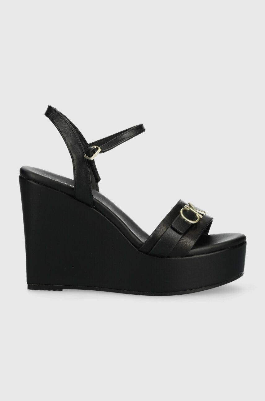 Calvin Klein Кожени сандали WEDGE 70HH W/HW в черно със скосена платформа HW0HW01485 - Pepit.bg