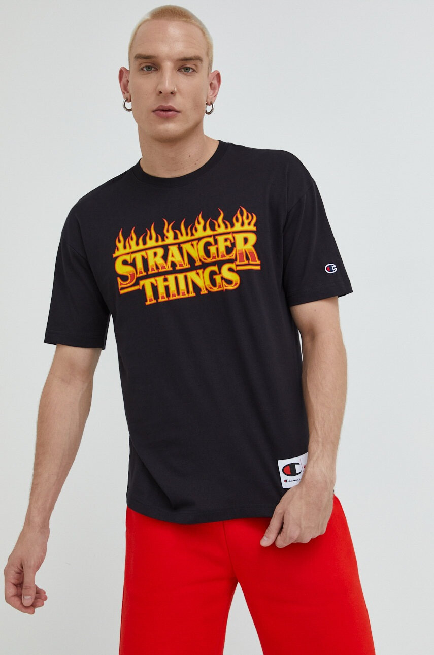 Champion Памучна тениска Xstranger Things в черно с принт - Pepit.bg