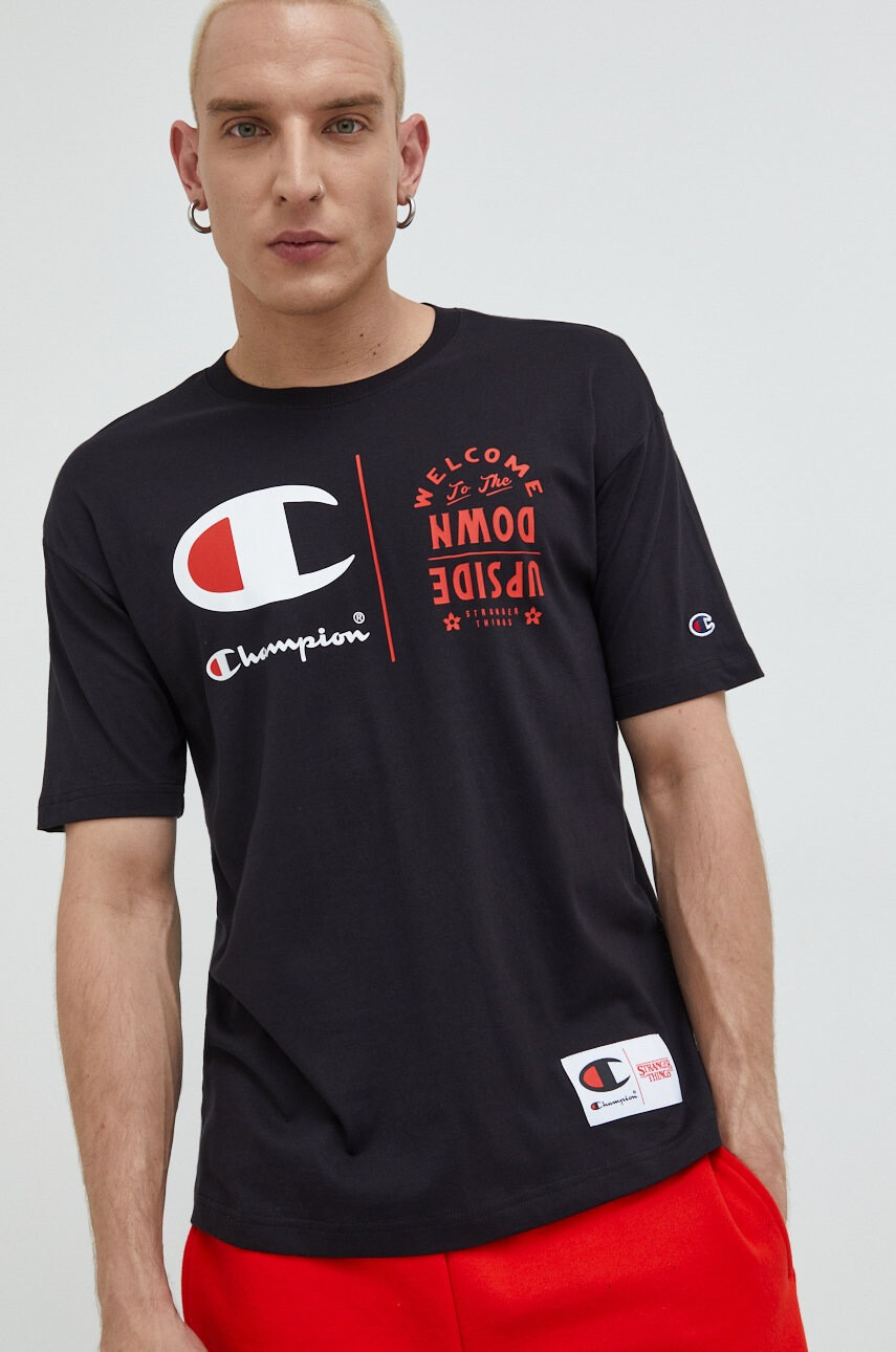 Champion Памучна тениска Xstranger Things в черно с принт - Pepit.bg