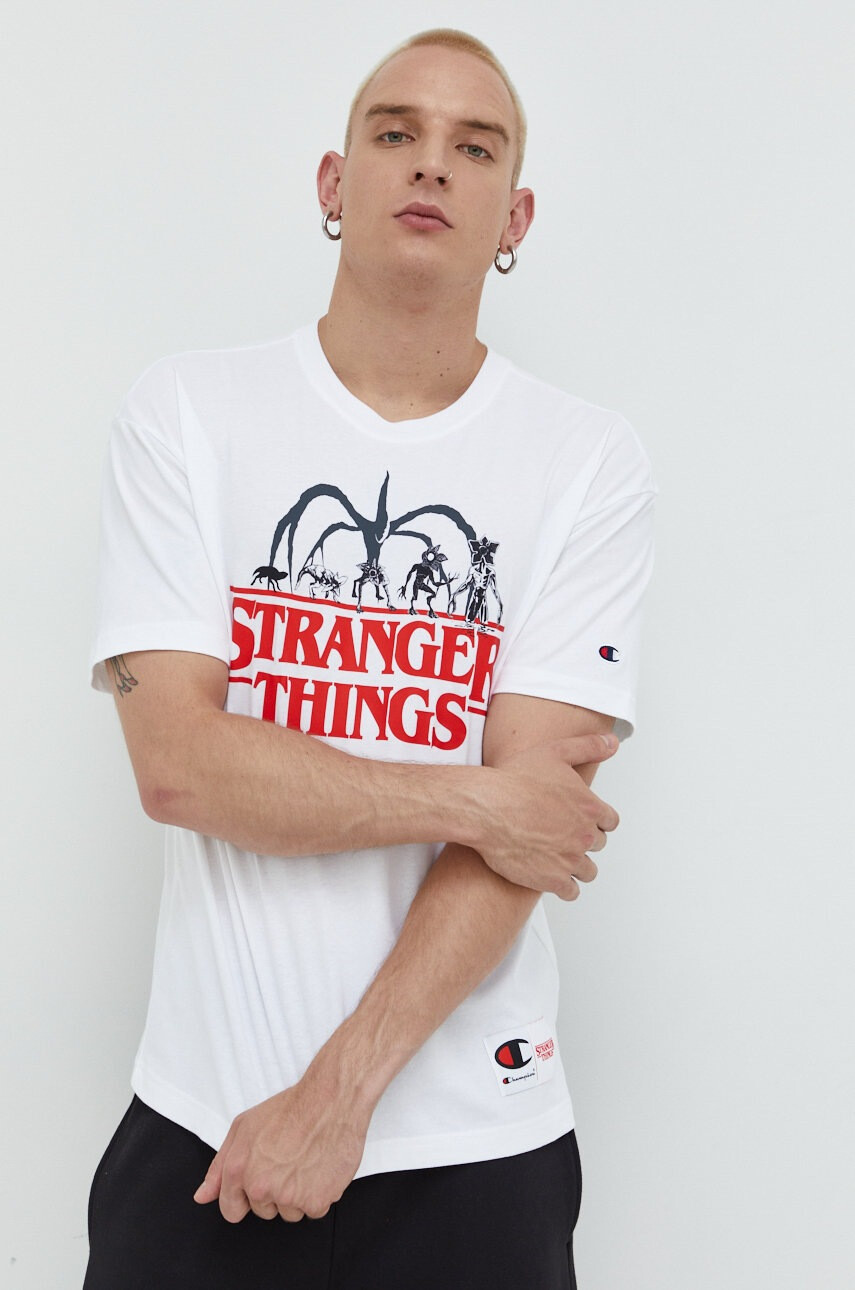 Champion Памучна тениска Xstranger Things в бяло с принт - Pepit.bg