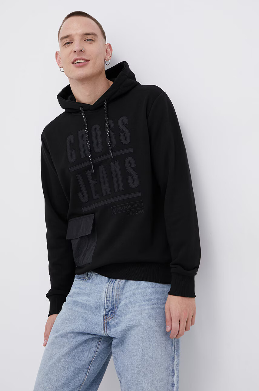 Cross Jeans Суичър мъжки в черно с апликация - Pepit.bg