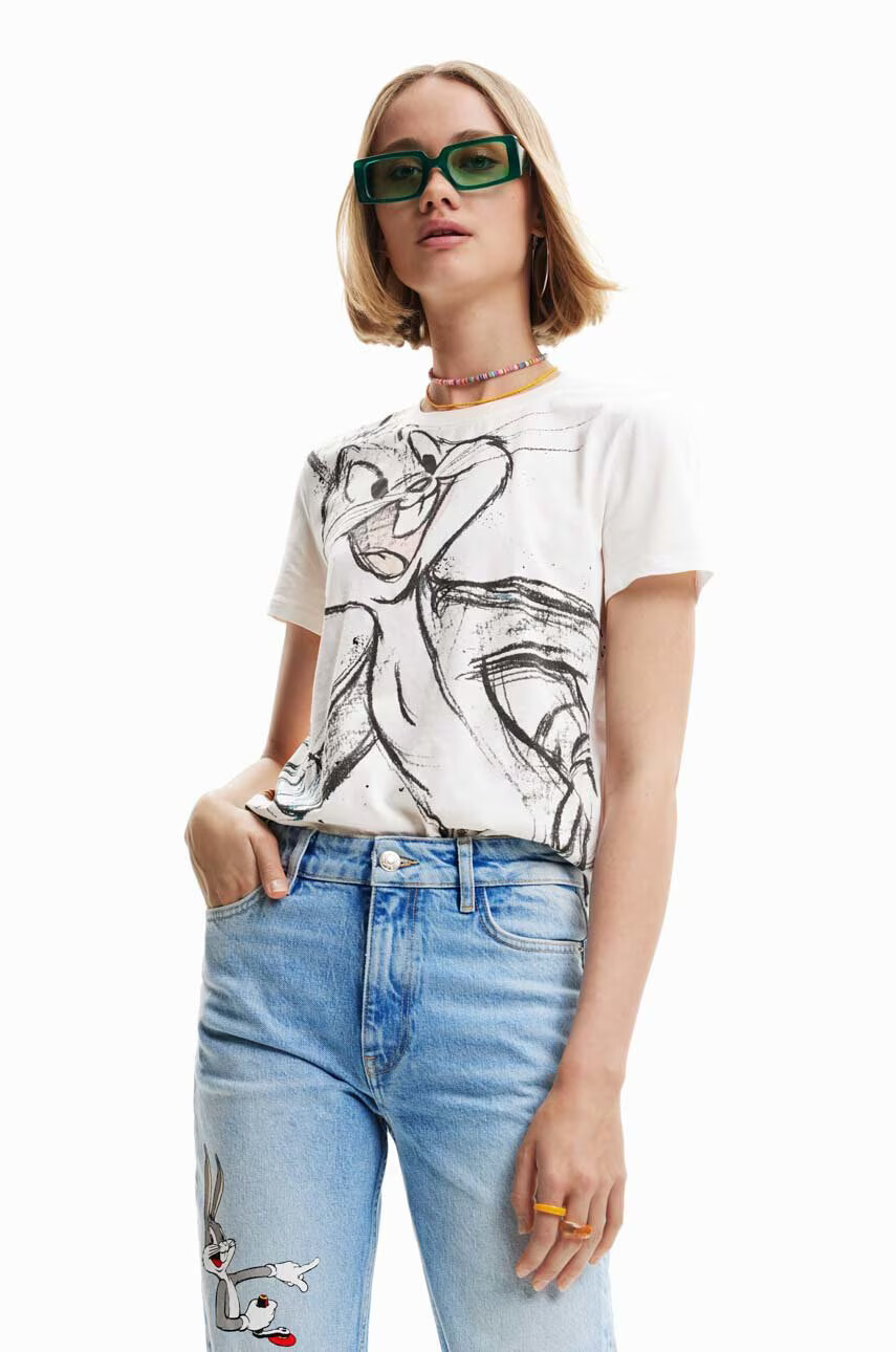 Desigual Памучна тениска x Looney Tunes в бяло - Pepit.bg