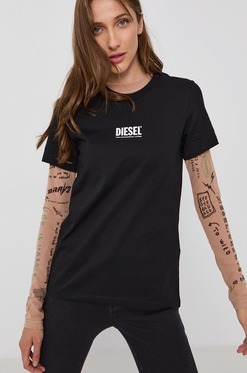 Diesel Памучна тениска в черно - Pepit.bg