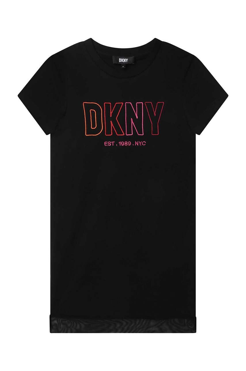 DKNY Детска памучна рокля в черно къс модел със стандартна кройка - Pepit.bg