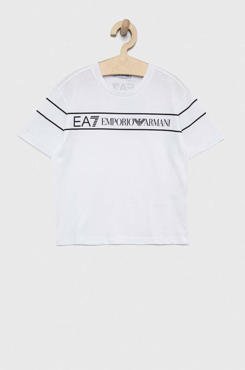 EA7 Emporio Armani Детска памучна тениска в бяло с принт - Pepit.bg
