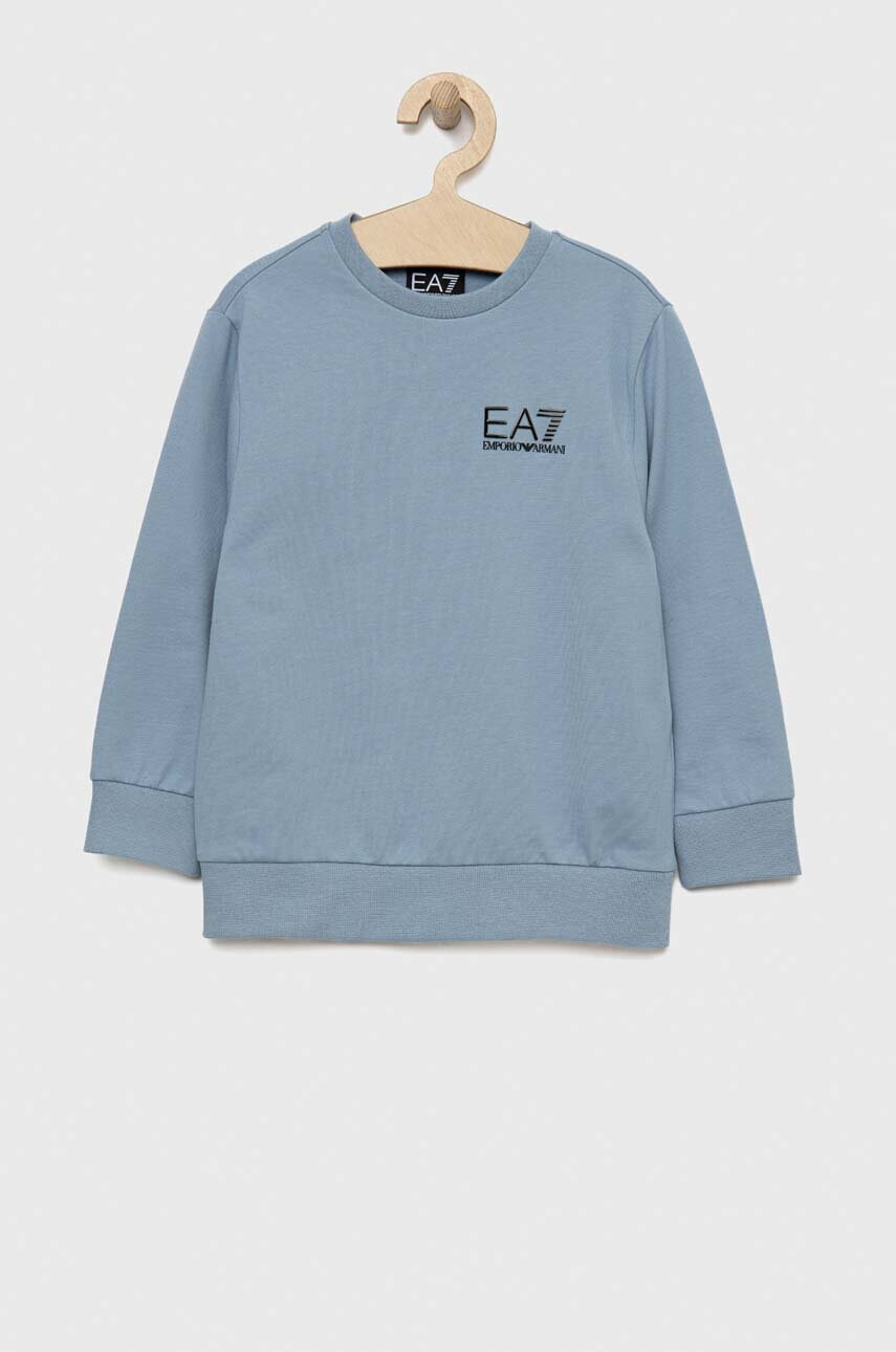 EA7 Emporio Armani Детски памучен суичър в синьо с принт - Pepit.bg
