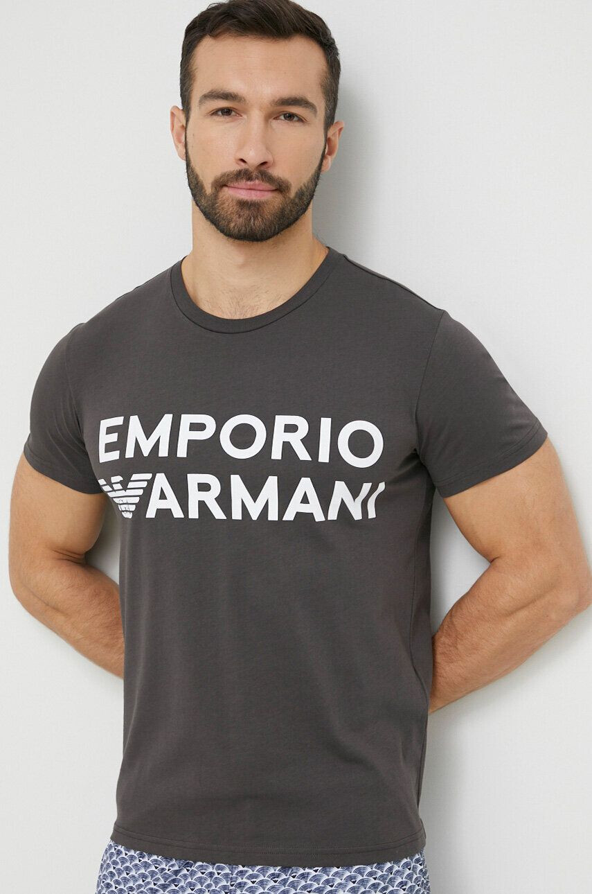 Emporio Armani Underwear Памучно горнище на пижама с къси ръкави в сиво с десен - Pepit.bg