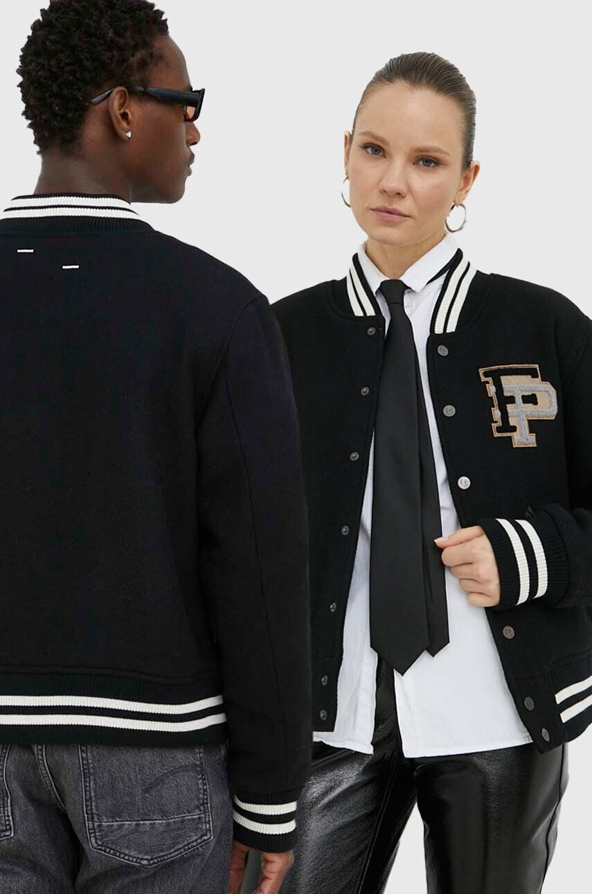 Filling Pieces Вълнено яке бомбър Varsity Jacket в черно с преходна изолация с уголемена кройка 81422201863 - Pepit.bg