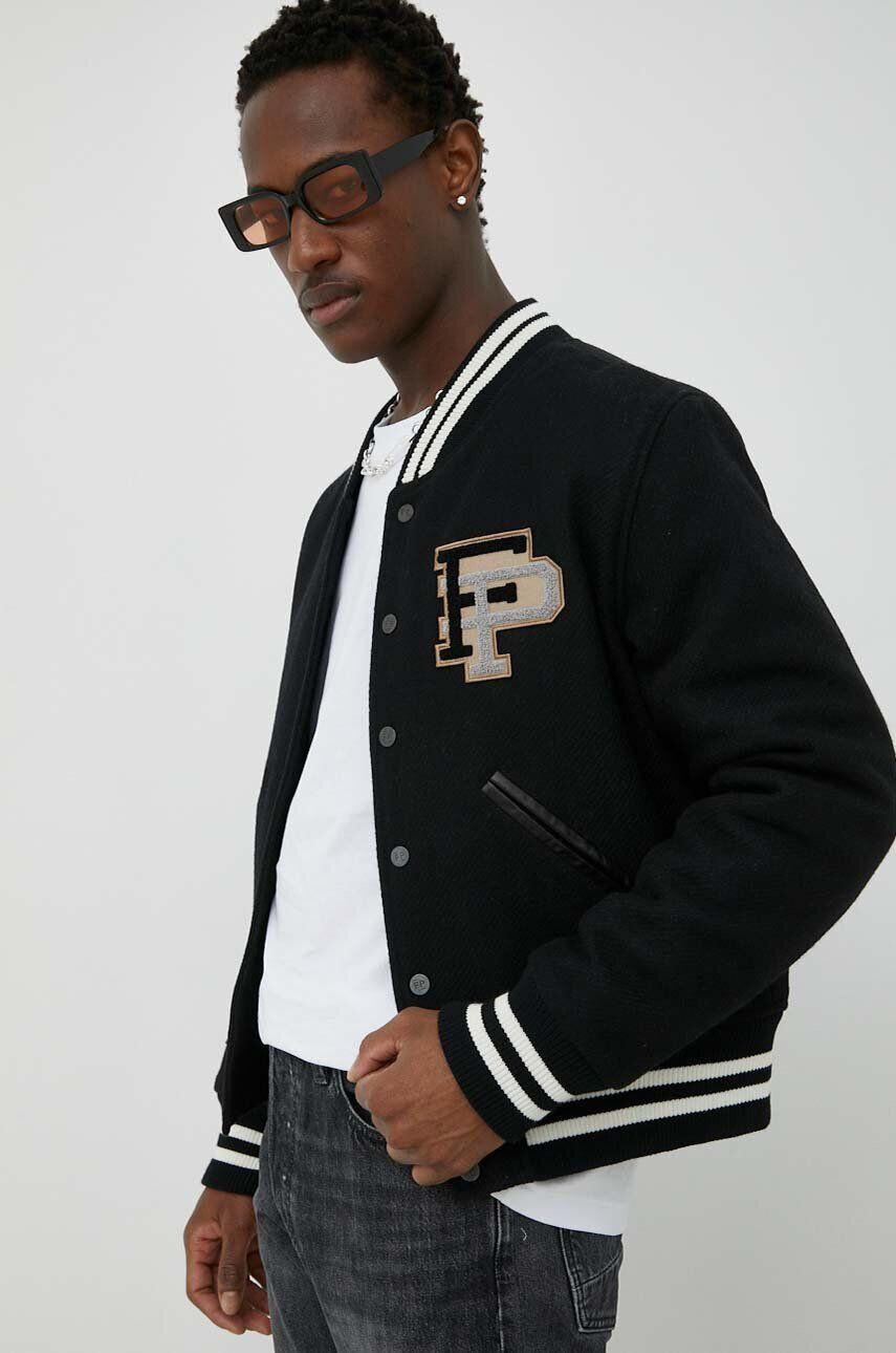 Filling Pieces Вълнено яке бомбър Varsity Jacket в черно с преходна изолация с уголемена кройка 81422201863 - Pepit.bg