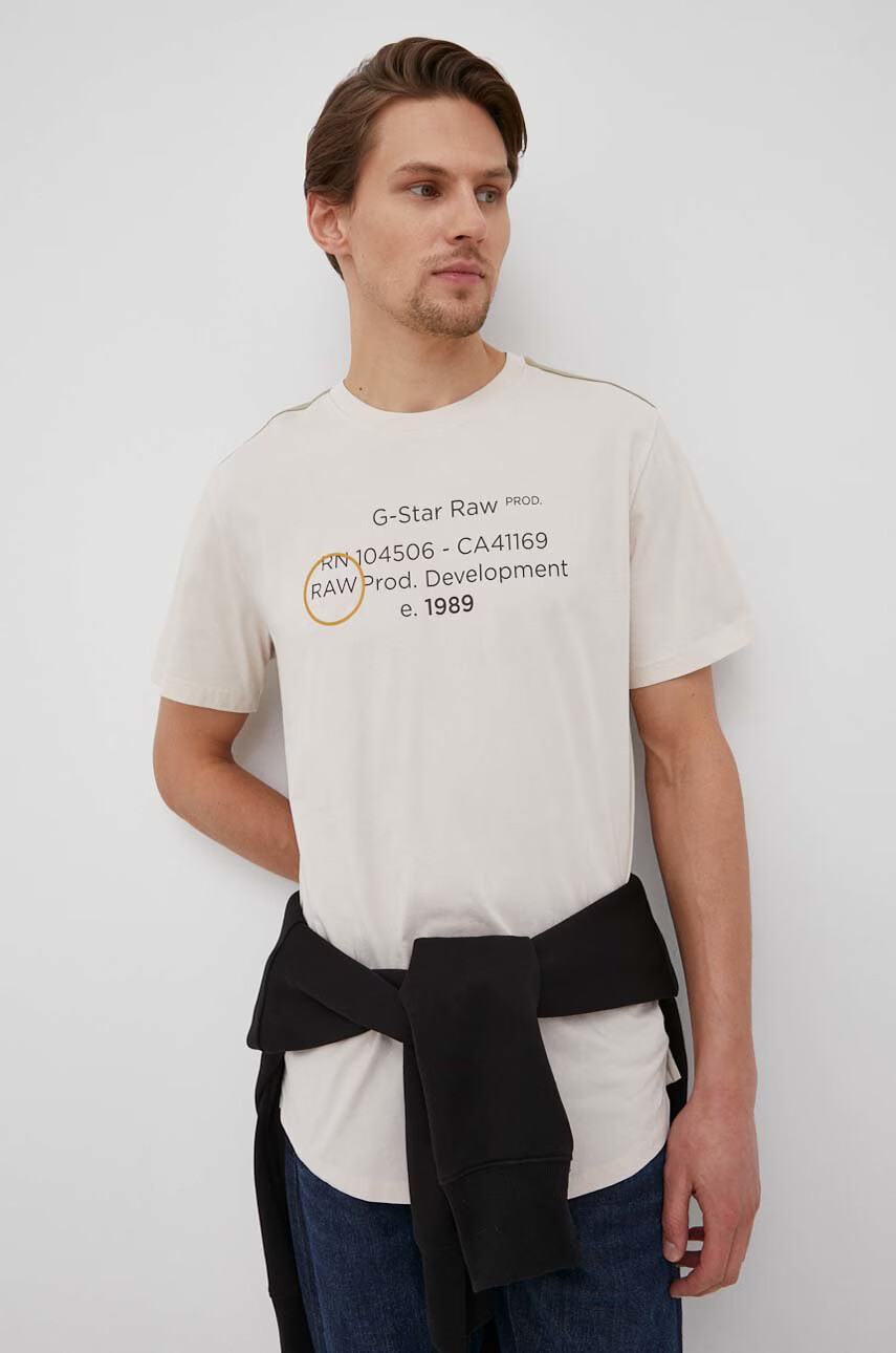 G-Star Raw Памучна тениска в бежово с принт - Pepit.bg