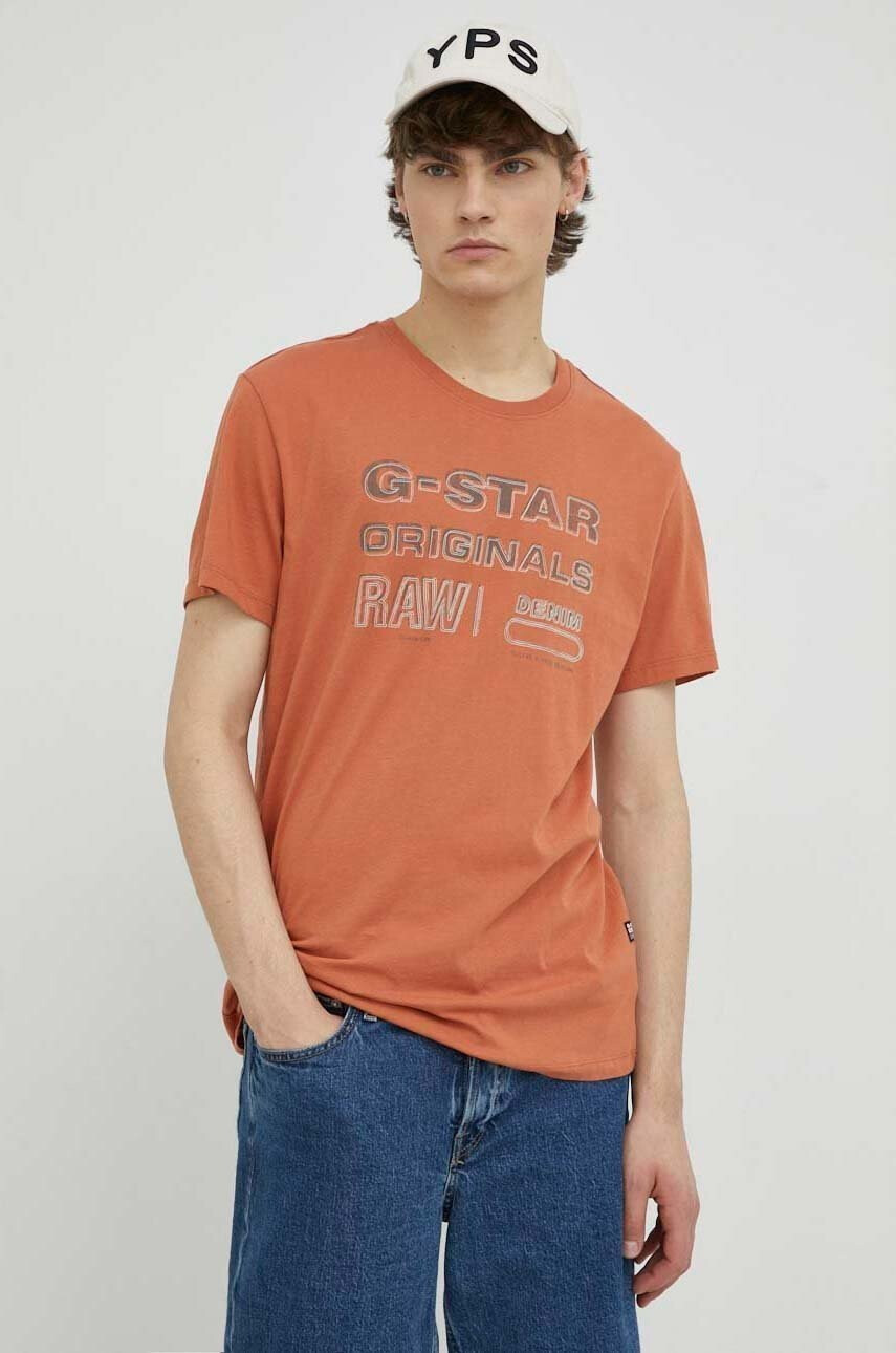 G-Star Raw Памучна тениска в оранжево с принт - Pepit.bg