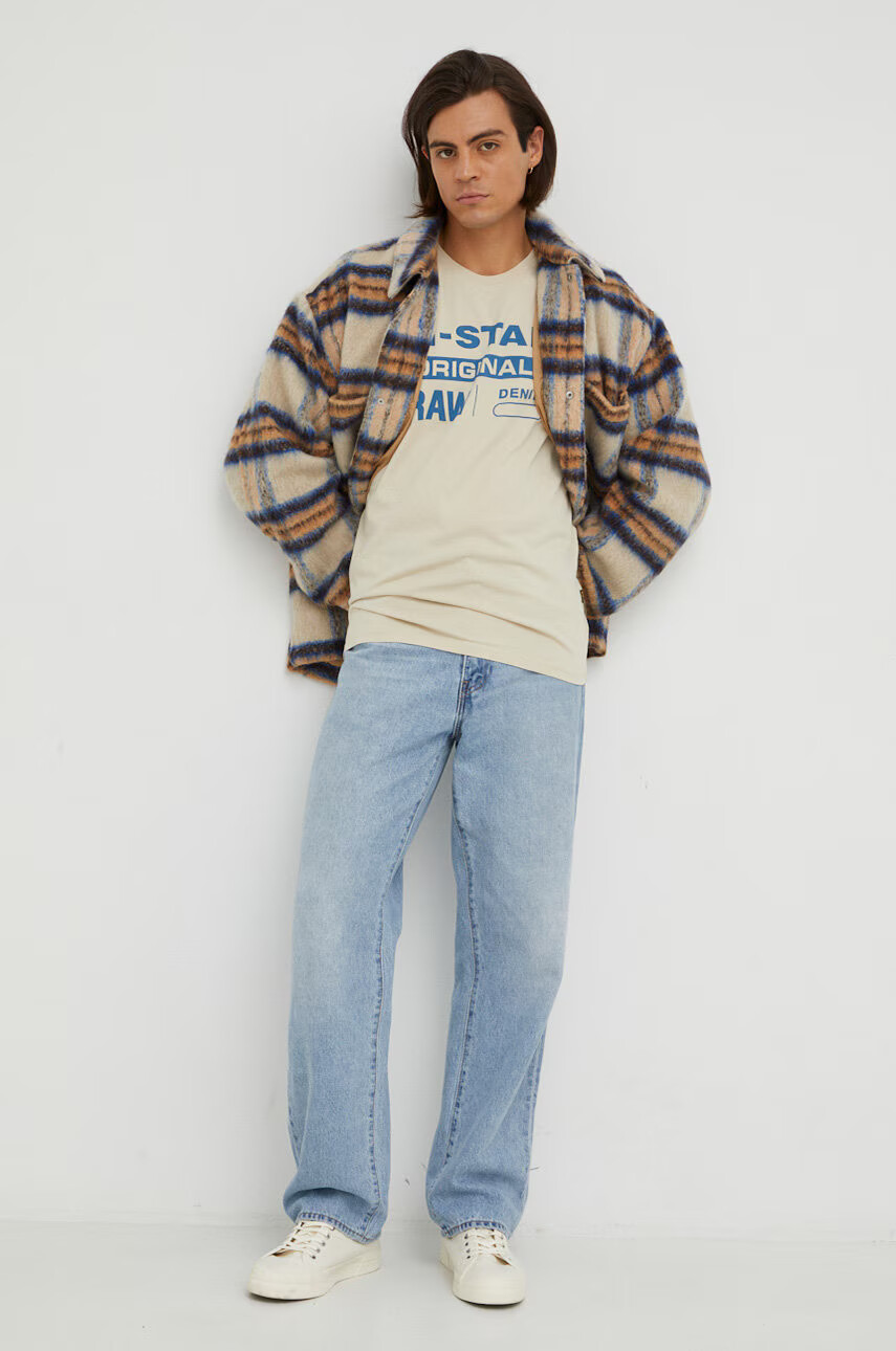 G-Star Raw Памучна тениска в бежово с принт - Pepit.bg