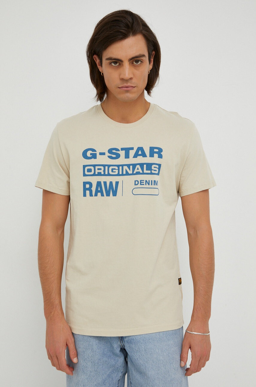 G-Star Raw Памучна тениска в бежово с принт - Pepit.bg