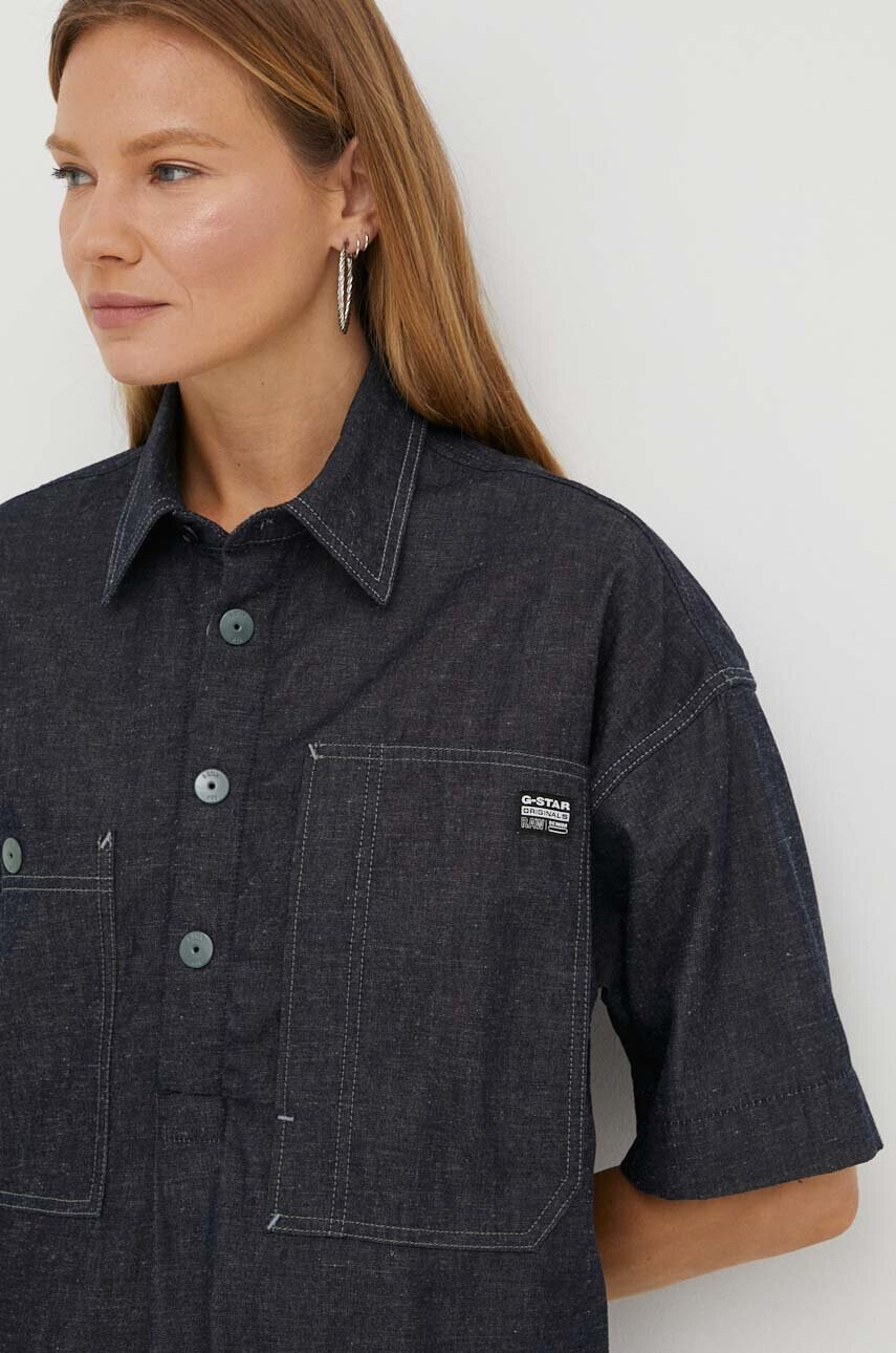 G-Star Raw Рокля с лен в тъмносиньо къс модел с уголемена кройка - Pepit.bg