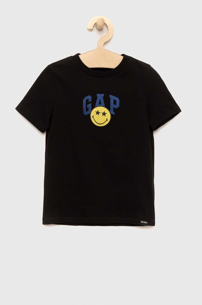 Gap Детска памучна тениска x Smiley в черно с принт - Pepit.bg